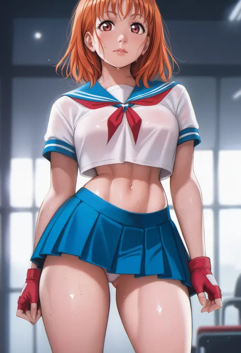 1girl, takami chika, medium hair, orange hair, red eyes,standing, sporty athletic build, confident pose, big breasts, breasts outlines, score_9, score_8_up, score_7_up, score_6_up,blue skirt, crop top, midriff, miniskirt, navel, sailor collar, school unifo...