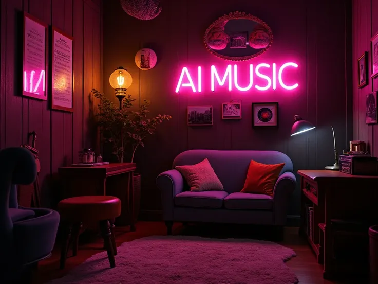 Create a cozy music room with a neon sign that says “AI MUSIC”