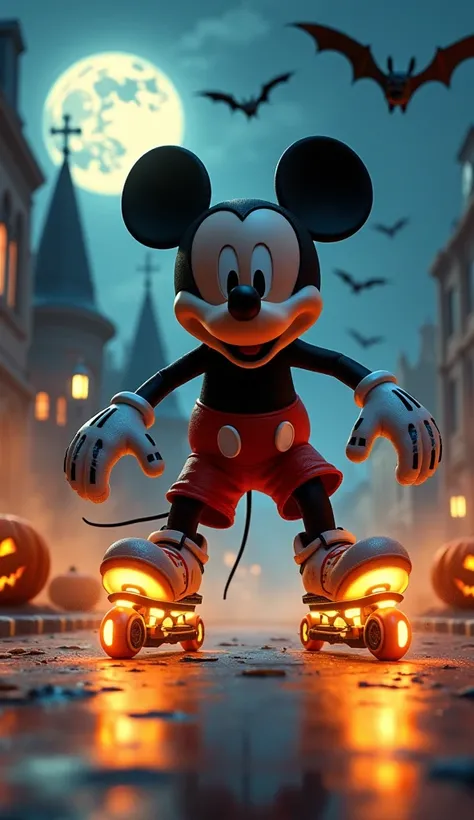 Mickey mouse,  using inline skates with glowing luminous wheels, gloves and knee pads , Full Moon Church, pumpkins, calaveras, realistic bats,  moving at speed in the city at night, orange smoke