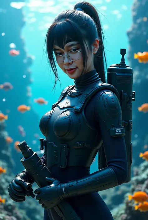 Beautifull japanese female with ponytail black hair,wetsuit, scuba suit, and holding weapon