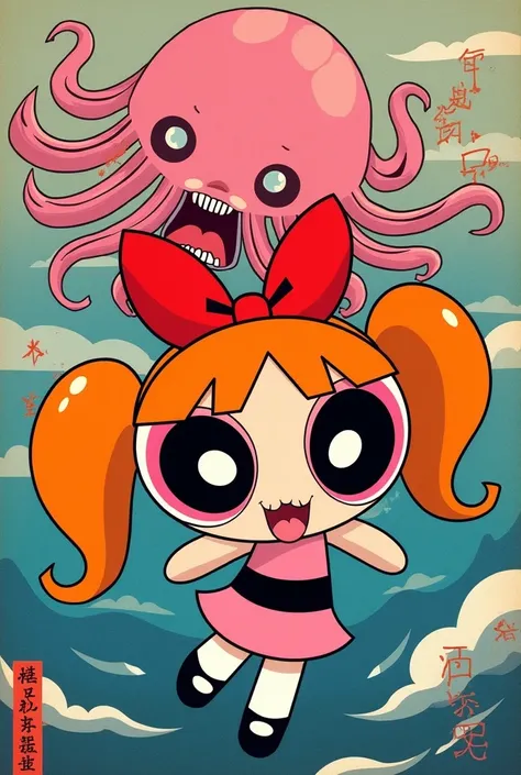 Ukiyo-e: Powerpuff Girl with long orange bangs with big red bow, pink eyes, pink dress with black belt, white tights and black Mary Jane shoes. She is fighting a pink jellyfish yōkai.