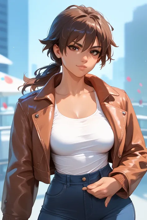 1 girl, latina, brunnete, tomboy, brown hair, brown eyes, low ponytail, medium breasts, blouse, jacket