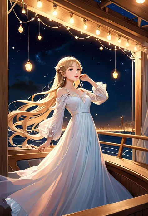  intense ink painting、Clear brown eyes 、 Perfect Face 、 cute girl、 petite and perfect style 、white flowing see-through long dress、 jewelry、 Long Blonde Hair 、 pink lips、、 Dynamic Poses、  look at me and smile、Night Sky、Get on the boat、Beautiful lights 、 bea...