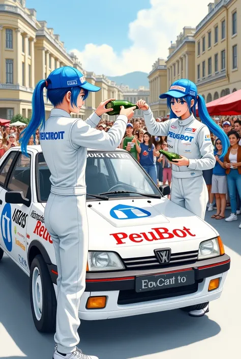 Light-toned watercolor painting、Two girls are picking up a bottle of champagne in front of a white Peugeot 206WR car and putting champagne on the car、 girls have blue hair and twin tail hairstyles  、Blue Cap、blue cute eyes、smile、Wearing a white racing suit...