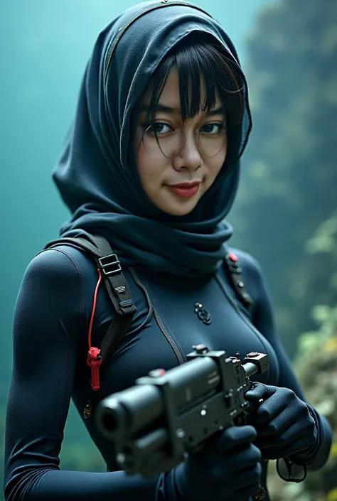 Beautifull japanese female with hijab,wetsuit, scuba suit, and holding weapon