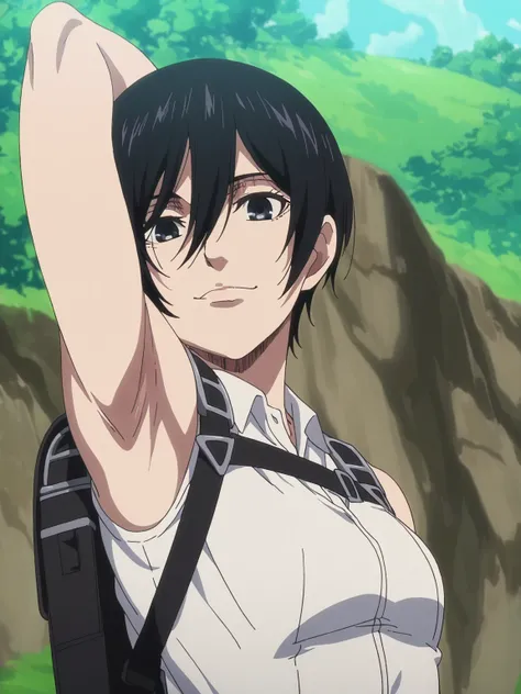 masterpiece, best quality, amazing quality, anime screencap, 1girl, solo, mikasaIL, short hair, hair between eyes, black hair,black eyes, strap, sleeveless, bare shoulders, bare arms, arm behind head, armpit, head towards viewer, looking at viewer, smile, ...