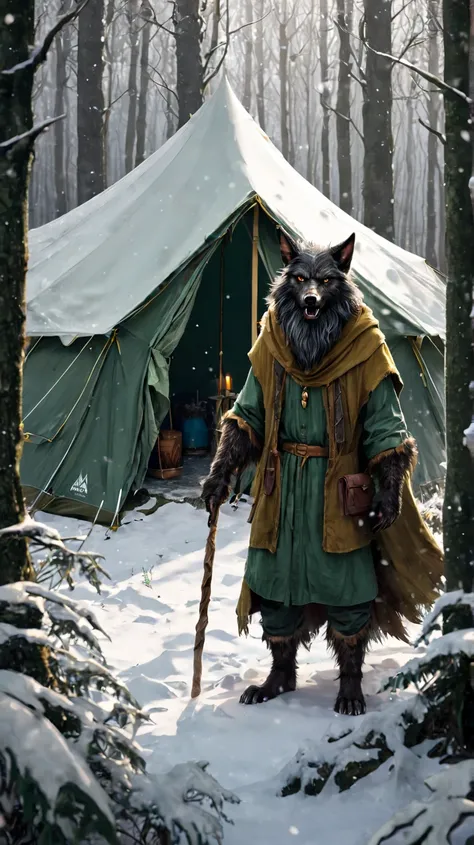  a forest,  a tent, It's winter , A werewolf wizard 