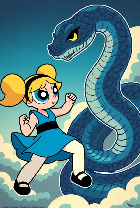 Ukiyo-e: Powerpuff Girl with blonde pigtails, blue eyes, blue dress with black belt, white tights and black Mary Jane shoes. She is fighting a blue cobra yōkai.