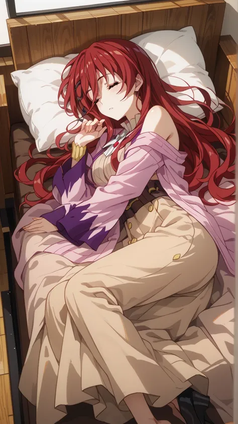 grimm grimoire, grimm grimoire from Sentouin, Hakenshimasu! , cm height cleavage, sexy body, perfect tits, hourglass figure, blush, woman with long red hair, lying on the sofa, covered with a blanket, a working fireplace nearby, sleeping, eyes closed