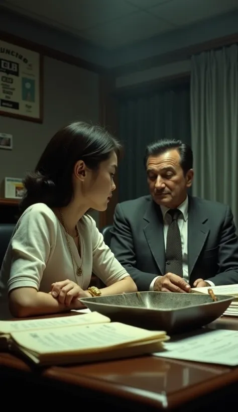 A young aspiring actress in a 1970s Japanese talent agency office, looking nervous. A powerful-looking middle-aged man in a suit sitting behind a desk, smirking. Dim lighting, a large ashtray filled with cigarettes, stacks of audition papers on the desk. A...