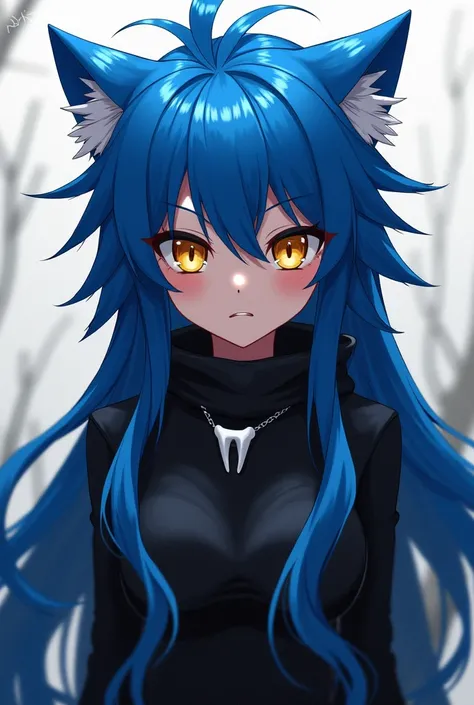 Anime with long spiky blue hair and golden eyes, Your clothes are black with a cat's tooth 
