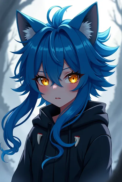 Anime with long spiky blue hair and golden eyes, Your clothes are black with a cat's tooth 
