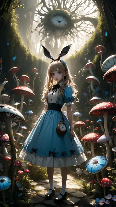  Tim Burton Style、 extremely realistic 、Light color、Alice in Wonderland、