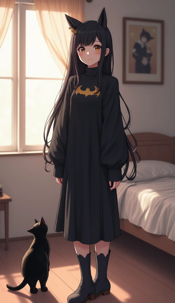          Asian Style、 Korean Style Idol 、     cute girl ,                my hair is long           、           my hem is wavy I'm cosplaying Catwoman、There's a cat standing on ２ legs beside me 、 long hair, smile,       top  quality  ,      accurate,      l...