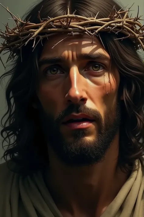 Create an image of Jesus Christ with a crown of thorns pointing at me and with tears in his eyes 