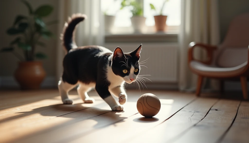 black and white cat playing ball in the room