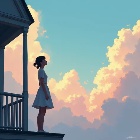 A Silhouette Against the Sky:
A silhouette of the girl, standing on a porch or balcony, gazing into the sky. The sky could be full of soft, pastel colors as she imagines flying, symbolizing freedom and possibility.

With a title, What if you fly?."