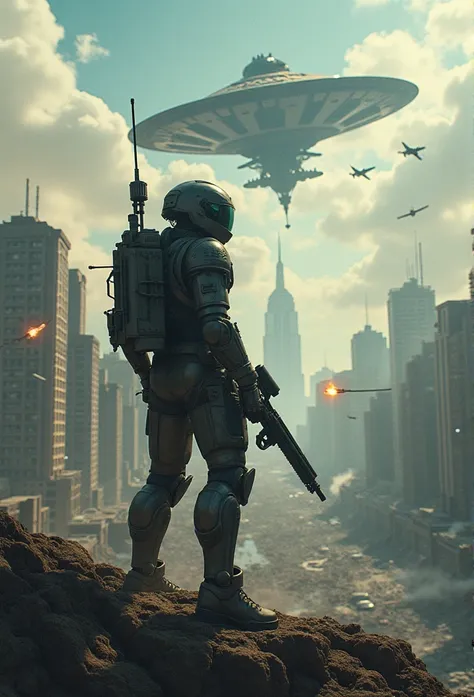 A city invaded by aliens，Dilapidated，A mech warrior carrying a machine gun stands on the top of a hill，Look at the city，Wanton destruction of alien ships，Large alien mothership hovering in the air，The battle of human warplanes against alien small fighters，...