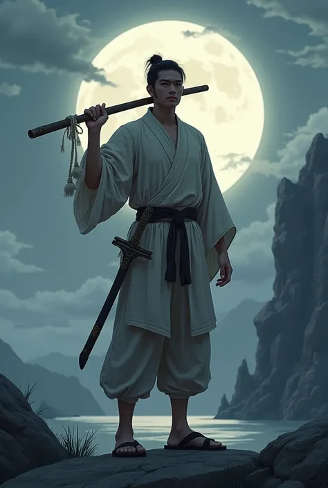 an asian man, 20 years old, feudal costume, standing with back on a rock, carrying a stick on his shoulder and a short sword on his hip, wallpaper is moon