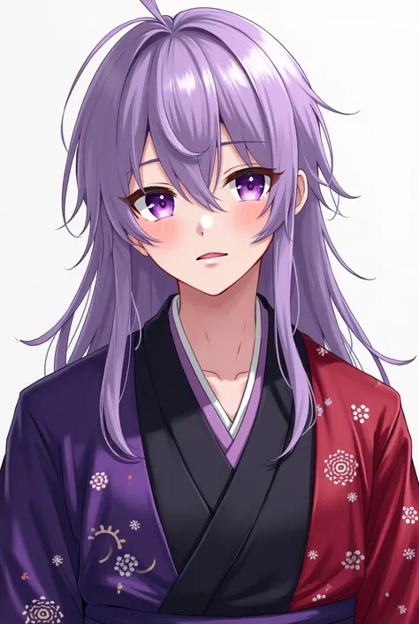  Anime style role-playing video game boy , He has lilac hair that is long ,  his eyes are purple and he wears a men's kimono in black,  purple and red . Her skin is porcelain,  is made of white tea and has full red lips .