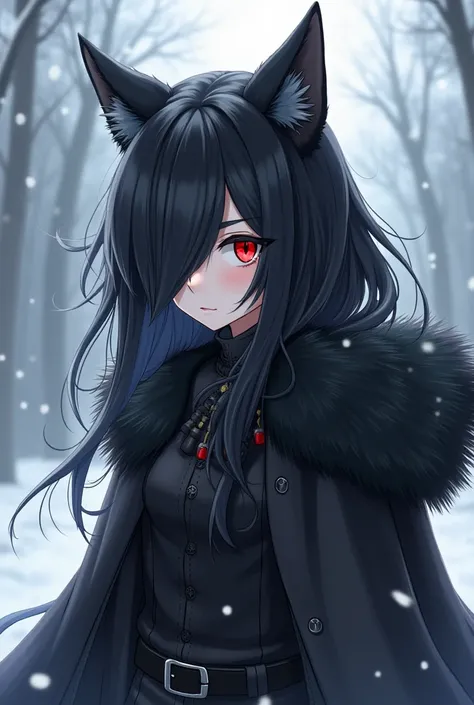 Ella has black hair and bangs covering one eye, black wolf ears and a black wolf tail, red eyes, she wears black clothes and a black fur cape. She's very sexy. She's an assassin for hire, she's got an automatic rifle and black gloves. Fenris has white hair...