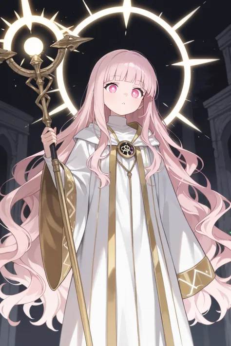 (best quality), (very aesthetic), (ultra-detailed), (best illustration), Healer, celestial robe, one woman, (((I am short))), blunt bangs, wavy hair, very long hair, Light pink hair, round eyes, pink eyes, radiating holy light, A powerful wizard casting a ...