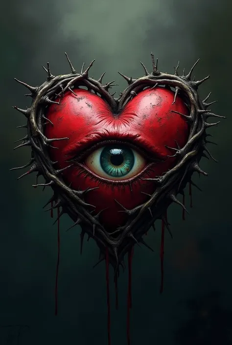 Drawing of a heart that has an eye that reflects lies wrapped in thorns