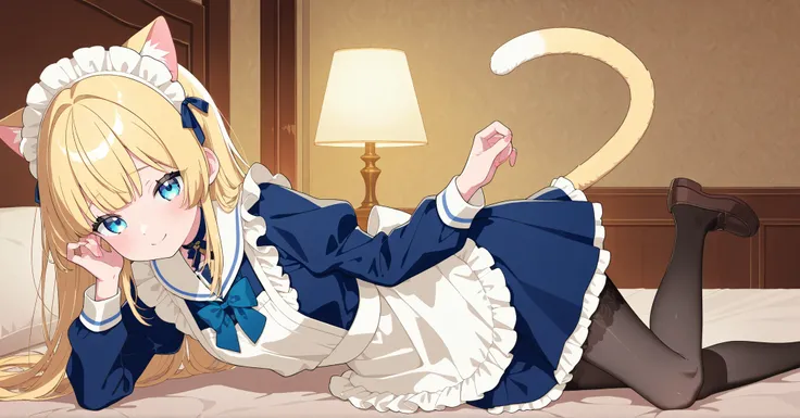  1 girl "VTuber girl cat long blonde hair water blue eyes kawaii  " VTuber kawaii cat girl with a costume that merges a marine school uniform and a maid outfit. She wears a sailor collar blouse ,  ruffled skirt and lace apron .  cat's ears,  regular tail a...