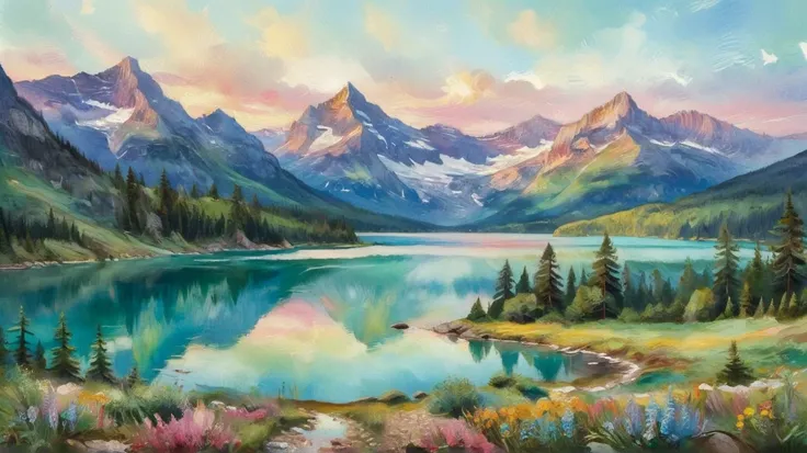 lake in the mountains, лодка у причала. detailed,  Dreamy ,  Watercolor painting ,  made in a pastel color palette with blue, green and pink gradient shades,  vintage aesthetic ,  and dynamic splashes throughout the , ( best quality ,4K,8 k, high resolutio...