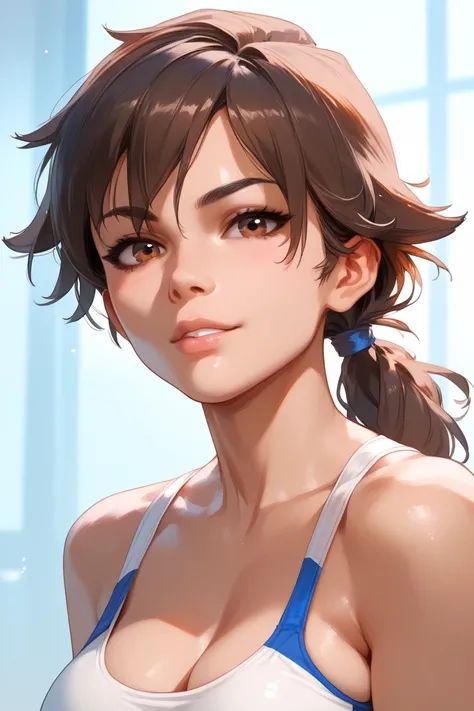 1 girl, latina, brunnete, tomboy, brown hair, brown eyes, low ponytail, medium breasts