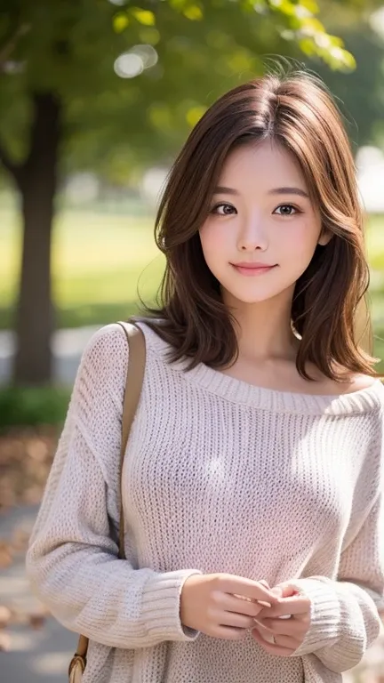 "A sweet young woman with shoulder-length, chestnut-brown hair, wearing a cozy sweater. She holds a small, handwritten 'Thank You' card while looking at the viewer with warm, grateful eyes. A soft, pastel-colored background, warm lighting, ultra-detailed, ...