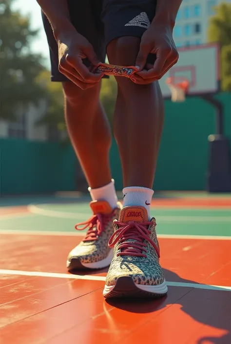 Create an image showing that the runner is fastening the straps of Nike sneakers with a unique design on the court 