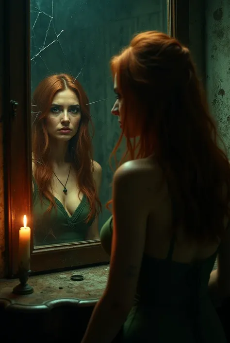 A dimly lit room with a broken mirror reflecting the intense gaze of a stunning European woman. She has vibrant green eyes, long, straight, fiery red hair, and a curvy Latin body. Her expression is filled with anguish and introspection as she stares at her...