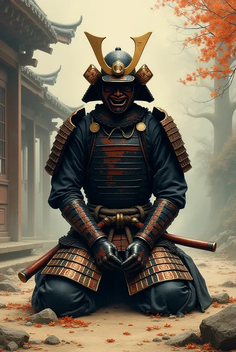 Create an artwork of a samurai kneeling forward wearing battle armor and Japanese mask based on Japan's golden age