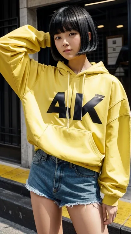   high resolution,   boyish,    in the seat,  black hair,  shortcut,   Asymmetric Hairstyle ,  Asymmetrical bangs,   yellow eyes, Round and round eyes, Eyes with three circles,  Skater Style Street Fashion, slightly oversized bottoms,  are standing, futana...