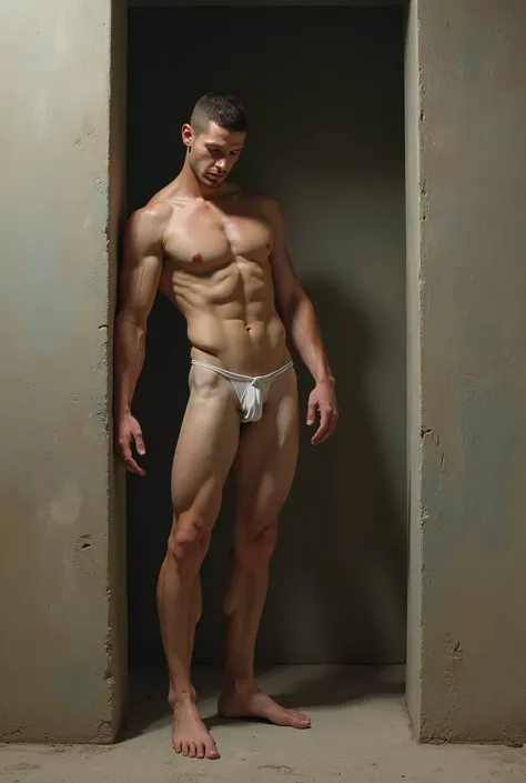 Man leaning against the wall naked, unclothed 