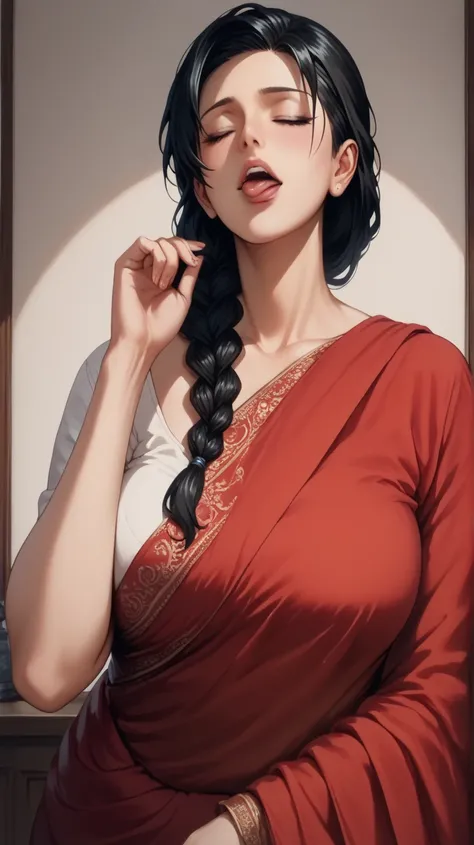  A mature woman in ((Black Hair)), ((Braid)), breasts, Eyes, Anime Style, in red saree with matching blouse  ,((front view))1girl,Parted Lips, Tongue, Closed Eyes, 