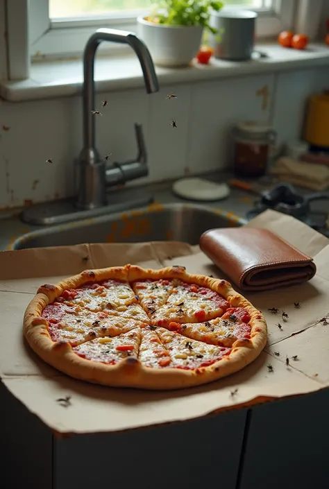 " An image in horizontal format showing a sink full of dirty dishes ,  with a pizza on top of the cardboard and an empty money wallet next to it. Mosquitoes fly around ,  creating a sense of disorder and neglect ,  with the sink in the background in a simp...