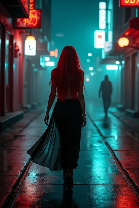 A deserted, neon-lit street at night, bathed in an eerie, flickering glow. A stunning European woman with vibrant green eyes, long, straight, fiery red hair, and a curvy Latin body walks alone, her silhouette casting elongated shadows on the wet pavement. ...