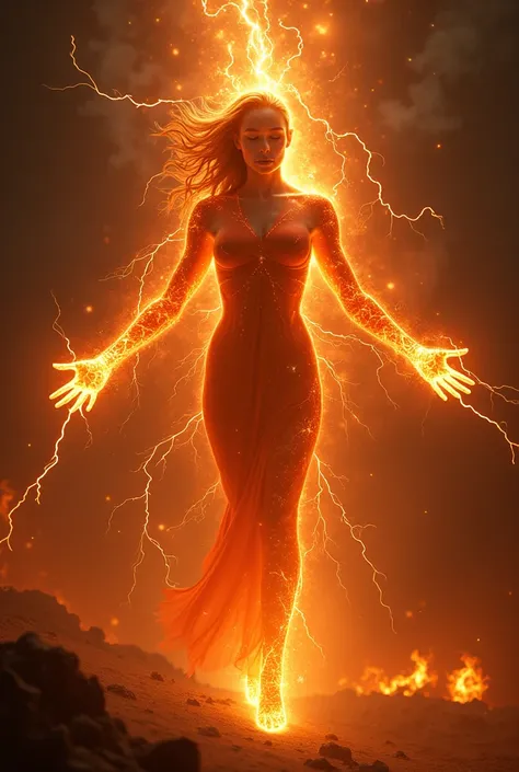 Silhouette of a woman made of reddish orange energy, Electricity spreads from it everywhere and flames open portals to other realities, With its electricity it creates a lightning spear