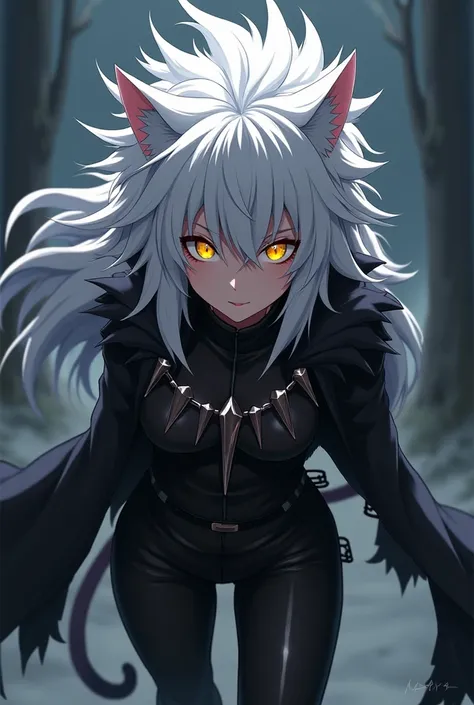 Anime with long, spiky white hair and golden eyes, Your clothes are black with a cat's tooth 
