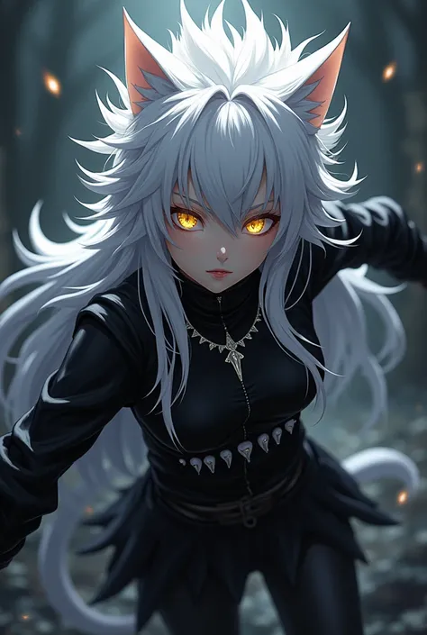 Anime with long, spiky white hair and golden eyes, Your clothes are black with a cat's tooth 
