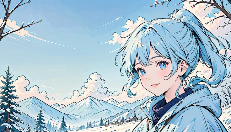 (masterpiece, Highest quality), 
Gazing Skyward, One Girl, alone, 
(light blue hair, ponytail) and (light blue eyes), winter coat,
winter, nostalgic, simple background, blue theme, 
flat illustrations, Vector art, flat color, highly detailed, Dynamic Angle...