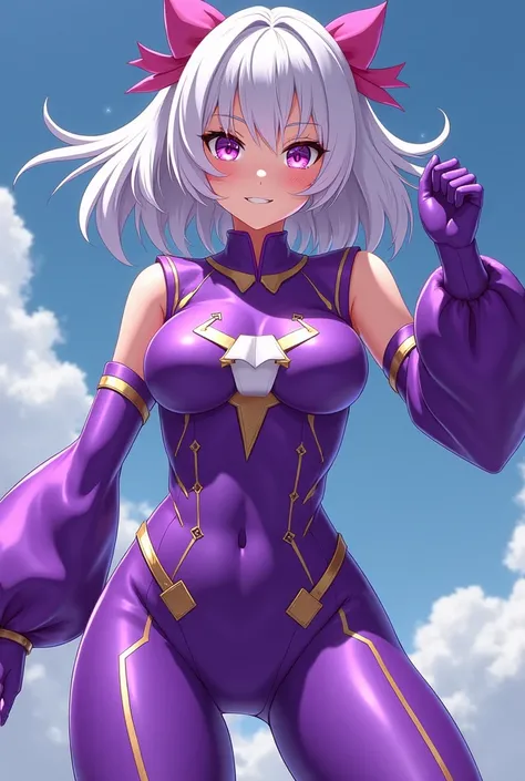 You have a female anime character
 with powers and features medium-long white hair and the rest of the costume in a purple color of the super hero Kawai Kawai 
