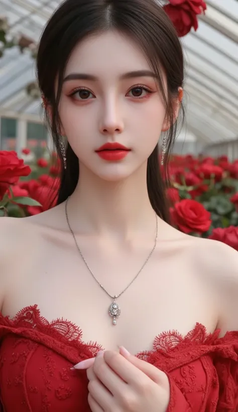 An elegant beautiful young girl with smooth pink skin and fashion style Beautiful girl face a red dress with smooth white skin and the landscape shows that it is a greenhouse with red roses that decorate the landscape for the young woman Beautiful elegant ...