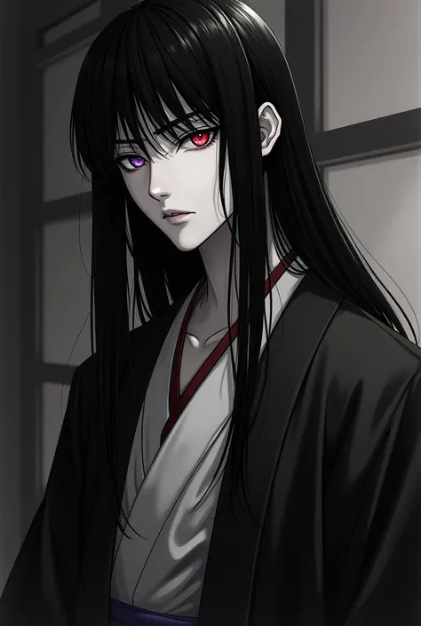 Man with Haori in black anime style,  long straight and black hair , one eye purple and the other eye red, You have white skin that has plump lips 