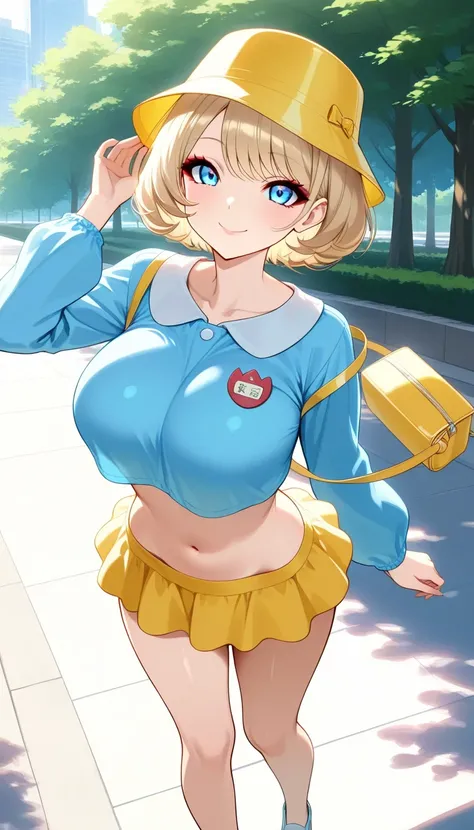 1 Beauty, smile, ((Light blue kindergarten clothes ,  cropped tops , Name tag,  mini skirt, yellow kindergarten bucket hat, Yellow Bag)), (Blonde,  short hair while on a business trip:1. 2), makeup:1.4, Euphoria, Detailed Color Use , Beautiful, meticulous ...