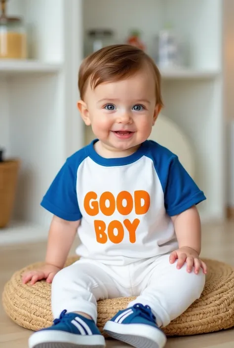  A beautiful baby boy is sitting on a straw puff ,  wearing a blue and white t-shirt with the phrase  "GOOD BOY" in vibrant orange letters .  He wears white pants folded at the hem and blue sneakers with striped details.  Her angelic face has rosy cheeks ,...