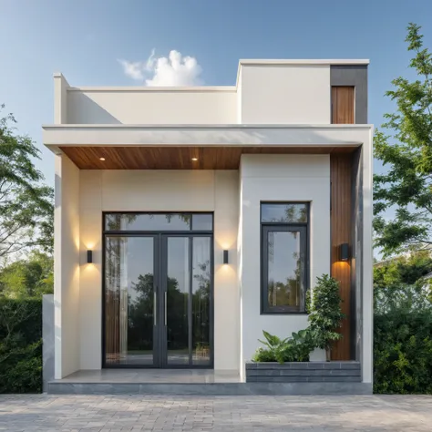 1 morden WHITE house,1large yard, 1 road runs in front of the house, (RAW photo, real, best quality, masterpiece:1.2), look morden minimalist, 1 road in front of the house, the exterior of an elegant single family home features large windows, ((a dark gray...