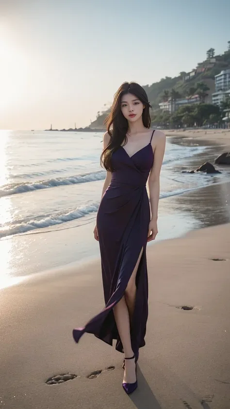  1 girl in, standing on the beach,,Soft Light, Chinese Beauties, Dark purple dress ,A black-haired, long hair